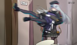 Rule 34 | 2girls, beret, blurry, brown hair, chinese text, commentary request, drop kick, failure, flying kick, girls&#039; frontline, gloves, hat, hk416 (girls&#039; frontline), knife, long hair, motion blur, multiple girls, pantyhose, silver hair, simplified chinese text, skirt, timestamp, ump9 (girls&#039; frontline), xiujia yihuizi