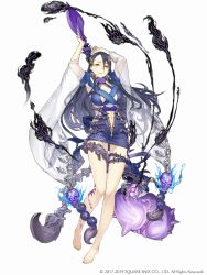 Rule 34 | 1girl, arms up, barefoot, black hair, breasts, center opening, dress, full body, hair between eyes, hair ornament, ji no, kaguya (sinoalice), large breasts, leg tattoo, long hair, looking at viewer, navel, official art, parted lips, ribbon, scorpion, see-through, short dress, sinoalice, skull, solo, square enix, staff, tattoo, white background, wide sleeves
