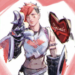 Rule 34 | 1girl, bare shoulders, black hair, breasts, closed mouth, commentary, gauntlets, hair horns, heart, heart tattoo, heartache vi, large breasts, league of legends, midriff, navel, official alternate costume, orange eyes, phantom ix row, red background, red hair, shirt, short hair, solo, symbol-only commentary, tattoo, vi (league of legends), white background, white shirt