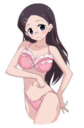 Rule 34 | 10s, 1girl, black hair, blue eyes, blush, bow, bow panties, bra, breasts, cleavage, closed mouth, collarbone, commentary request, cowboy shot, cropped legs, frilled bra, frills, glasses, hair ornament, hairclip, highres, light smile, long hair, looking at viewer, medium breasts, navel, panties, pink bra, pink panties, ribbed bra, ribbed panties, rimless eyewear, saitou kaede (yama no susume), simple background, solo, standing, take shinobu, underwear, underwear only, white background, yama no susume