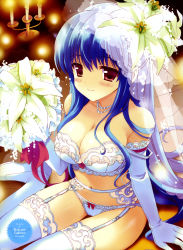 Rule 34 | 1girl, absurdres, arm support, blue hair, blush, bouquet, bra, breasts, bridal veil, cleavage, elbow gloves, flower, garter belt, garter straps, gloves, highres, jewelry, lace, lace-trimmed legwear, lace trim, large breasts, legs, lily (flower), lingerie, long hair, looking at viewer, navel, necklace, non-web source, panties, red eyes, sakura koharu, sitting, solo, thigh gap, thighhighs, thighs, underwear, underwear only, veil, white panties, white thighhighs