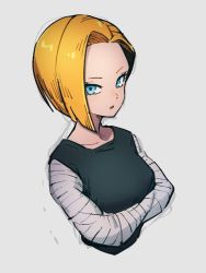 Rule 34 | 1girl, android 18, black shirt, blonde hair, blue eyes, crossed arms, dragon ball, dragonball z, grey background, kemachiku, looking at viewer, shirt, short hair, simple background, solo, striped sleeves, upper body, white sleeves