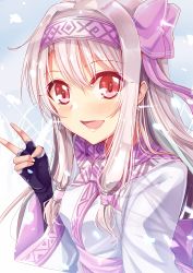 Rule 34 | 1girl, :d, absurdres, black gloves, blush, bow, earrings, fate/grand order, fate (series), fingerless gloves, floating hair, gloves, gu li, hair between eyes, hair bow, hairband, highres, illyasviel von einzbern, jewelry, long hair, long sleeves, looking at viewer, open mouth, purple bow, red eyes, silver hair, sitonai (fate), smile, solo, upper body, v, very long hair