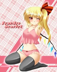 Rule 34 | 1girl, armpits, arms behind head, arms up, blonde hair, bow, bow panties, camisole, checkered clothes, checkered panties, chitose (pixiv), fang, female focus, flandre scarlet, frilled panties, frills, kagura chitose, lingerie, one eye closed, panties, pink panties, plaid, plaid panties, red eyes, short hair, side ponytail, solo, thighhighs, touhou, underwear, wings, wink