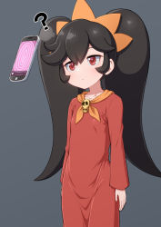 Rule 34 | 1girl, ?, arms at sides, ashley (warioware), black hair, cellphone, closed mouth, collarbone, confused, dot nose, dress, female focus, floating, floating object, hair between eyes, hairband, long hair, long sleeves, looking at object, neckwear request, nintendo, orange hairband, orange neckwear, phone, red dress, red eyes, sidelocks, skull, smartphone, solo, standing, torathi, twintails, warioware