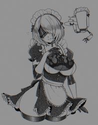 Rule 34 | 1girl, abottleofstars, alternate costume, apron, blindfold, blush, bow, choker, closed mouth, collarbone, cup, elbow gloves, enmaided, floating, flying sweatdrops, frilled apron, frills, gloves, grey background, greyscale, hair over one eye, highres, holding, holding tray, maid, maid day, maid headdress, monochrome, nier:automata, nier (series), pod (nier:automata), puffy sleeves, short hair, simple background, skindentation, sweat, sweatdrop, teacup, teapot, thighhighs, tray, 2b (nier:automata)