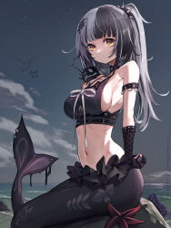 Rule 34 | 1girl, absurdres, black gloves, black hair, black sky, breasts, cloud, fins, fish tail, gloves, grey hair, hairband, highres, hololive, hololive english, large breasts, mermaid, monster girl, monsterification, multicolored hair, navel, partially fingerless gloves, ponytail, qiaogun damodao, shiori novella, shiori novella (1st costume), sidelocks, sky, spiked hairband, spikes, split-color hair, tail, virtual youtuber, water, yellow eyes, yorick (shiori novella)