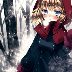 Rule 34 | 1girl, alice margatroid, alternate costume, bad id, bad pixiv id, bare tree, blonde hair, blue eyes, blush, coat, female focus, hairband, hood, looking at viewer, mittens, shimakoma, snowing, solo, touhou, tree