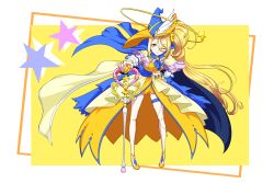 Rule 34 | 1girl, adapted costume, alternate costume, asymmetrical legwear, blonde hair, cape, commentary request, cure etoile, dress, earrings, eyelashes, happy, hat, high heels, highres, hugtto! precure, jewelry, kagayaki homare, long hair, looking at viewer, magical girl, matatabi (karukan222), one eye closed, ponytail, precure, side ponytail, smile, solo, standing, star (symbol), star earrings, witch, witch hat, yellow dress, yellow eyes, yellow theme