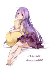Rule 34 | 1girl, alternate costume, barefoot, casual, contemporary, hand on own chin, patchouli knowledge, pillow, purple hair, sitting, skirt, solo, touhou, toutenkou, white background