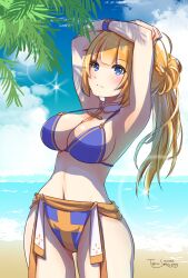 Rule 34 | 1girl, adapted costume, arch bishop (ragnarok online), armpits, arms up, beach, bikini, blonde hair, blue bikini, blue eyes, blue sky, blunt bangs, blush, braid, breasts, cleavage, closed mouth, cloud, commentary request, cowboy shot, cross, dappled sunlight, dated, day, french braid, high ponytail, highres, horizon, large breasts, lens flare, long hair, looking at viewer, midriff, navel, ocean, outdoors, palm tree, ragnarok masters, ragnarok online, sand, signature, sky, smile, solo, sunlight, swimsuit, tomo-graphy, tree, twitter username