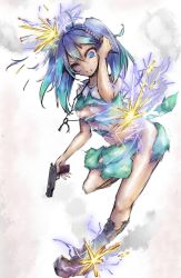 Rule 34 | 1girl, bad id, bad pixiv id, bare shoulders, black socks, blue eyes, blue hair, boots, breasts, brown footwear, dress, expressive clothes, groin, gun, hair bobbles, hair ornament, hand to head, hand up, handgun, highres, holding, holding gun, holding weapon, jewelry, kawashiro nitori, key, key necklace, kneehighs, leg up, matching hair/eyes, navel, necklace, one eye closed, open mouth, pistol, shirt, short hair, skirt, skirt set, sleeveless, sleeveless shirt, socks, solo, torn clothes, touhou, twintails, weapon, yuxyon