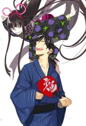Rule 34 | 1boy, 1girl, fate/grand order, fate (series), floating, hand fan, japanese clothes, kimono, light smile, long hair, looking at another, mickey mouse ears, oryou (fate), pako (pakosun), ponytail, sakamoto ryouma (fate), simple background, smile, white background, yukata