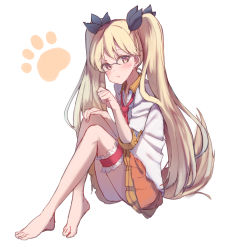 Rule 34 | 1girl, bare legs, barefoot, black ribbon, blonde hair, blush, bridal garter, brown eyes, collared shirt, commentary request, dog tail, frills, glasses, hair ribbon, head tilt, highres, long hair, looking at viewer, makiaato, necktie, orange skirt, parted lips, pleated skirt, red necktie, retoree (show by rock!!), ribbon, shirt, short sleeves, show by rock!!, sitting, skirt, solo, tail, twintails, very long hair, white shirt