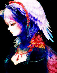 Rule 34 | 1girl, black background, closed mouth, colored eyelashes, dress, expressionless, feathered wings, feathers, flower, gradient hair, hair flower, hair ornament, half-closed eyes, head wings, hibiscus, jewelry, lipstick, looking down, makeup, multicolored hair, necklace, original, pendant, pink hair, profile, purple hair, red eyes, sakaya313, simple background, solo, upper body, wings, yellow lips