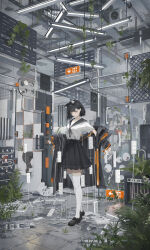 Rule 34 | 1girl, abandoned, absurdres, animal ear fluff, animal ears, black coat, black footwear, black hair, black sailor collar, braid, cable, cat ears, cat girl, ceiling light, closed mouth, coat, coat partially removed, commentary, condenser unit, fern, french braid, full body, glass wall, grass, highres, indoors, light smile, long sleeves, newspaper, off shoulder, open clothes, open coat, original, overgrown, plant, pleated skirt, power strip, red eyes, rotarran, sailor collar, school uniform, shirt, shirt tucked in, short hair, short sleeves, skirt, sleeves past wrists, solo, standing, symbol-only commentary, thighhighs, tile floor, tiles, vines, white shirt, white thighhighs, zettai ryouiki