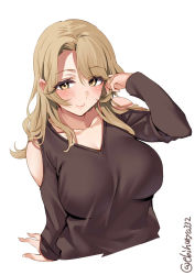 Rule 34 | 1girl, alternate costume, blonde hair, blush, breasts, brown shirt, closed mouth, cropped torso, ebifurya, highres, houston (kancolle), kantai collection, large breasts, long sleeves, looking at viewer, one-hour drawing challenge, shirt, simple background, solo, twitter username, white background, yellow eyes
