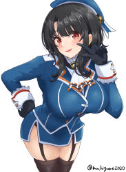 Rule 34 | 1girl, ascot, beret, black gloves, black hair, black thighhighs, blue hat, blue jacket, blush, breasts, chamumi (mochiumee), garter straps, gloves, hat, highres, jacket, kantai collection, large breasts, looking at viewer, military, military uniform, open mouth, red eyes, short hair, simple background, smile, solo, takao (kancolle), thighhighs, twitter username, uniform, v, white background