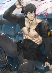 Rule 34 | 1boy, absurdres, bara, black footwear, black hair, black pants, boots, cherry blossoms, doudanuki masakuni, falling petals, foot out of frame, forked eyebrows, highres, light frown, looking to the side, muscular, muscular male, nipples, pants, petals, short hair, solo, suyohara, sword, sword behind back, touken ranbu, weapon, yellow eyes
