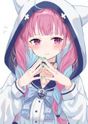 Rule 34 | 1girl, absurdres, ahoge, anchor symbol, blue hair, blue nails, blue ribbon, blunt bangs, blush, braid, choker, colored inner hair, frilled sailor collar, frills, hands up, highres, hololive, hood, hood up, hooded jacket, jacket, long hair, long sleeves, looking away, mei am0, minato aqua, minato aqua (sailor), multicolored hair, nail polish, own hands together, pink eyes, pink hair, ribbon, ribbon choker, sailor collar, sidelocks, solo, streaked hair, sweatdrop, twin braids, two-tone hair, upper body, virtual youtuber, white background, white jacket