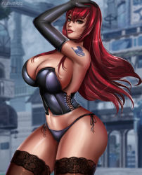 Rule 34 | 1girl, ;), ?, arm tattoo, ass, bare shoulders, black gloves, breasts, brown eyes, bustier, choker, cleavage, elbow gloves, erza scarlet, fairy tail, flowerxl, gloves, hand on own head, huge ass, huge breasts, lace, lace-trimmed legwear, lace-up, lace trim, long hair, one eye closed, panties, red hair, see-through, see-through legwear, side-tie panties, sitting, smile, solo, swept bangs, tattoo, thick thighs, thighhighs, thighs, thong, underwear, v arms