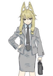 Rule 34 | 1girl, animal ears, bags under eyes, black necktie, blonde hair, briefcase, brown eyes, closed mouth, collared shirt, fox ears, fox girl, grey jacket, grey skirt, hand on own hip, holding, jacket, long sleeves, looking at viewer, necktie, nito (nshtntr), open clothes, open jacket, original, pencil skirt, shirt, short hair with long locks, simple background, skirt, solo, white background, white shirt