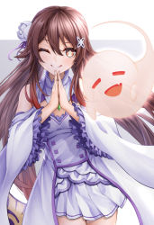 Rule 34 | 1girl, ;q, alternate costume, bare shoulders, breasts, brown eyes, brown hair, cleavage, commentary request, cosplay, detached sleeves, dress, emilia (re:zero), emilia (re:zero) (cosplay), flower, flower-shaped pupils, frilled sleeves, frills, genshin impact, ghost, hair between eyes, hair flower, hair ornament, hair ribbon, hu tao (genshin impact), long hair, looking at viewer, miniskirt, one eye closed, palms together, pleated skirt, purple ribbon, re:zero kara hajimeru isekai seikatsu, ribbon, rose, skirt, symbol-shaped pupils, takahashi rie, ten (tenchan man), tongue, tongue out, twintails, voice actor connection, white dress, white flower, white rose, wide sleeves, x hair ornament