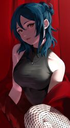 1girl absurdres bare_shoulders black_shirt blue_hair breasts brown_eyes fishnet_pantyhose fishnets hair_bun highres jacket jewelry large_breasts looking_at_viewer necklace original pantyhose red_background red_jacket red_lips ring ring_necklace shirt sleeveless sleeveless_shirt solo zuuichi