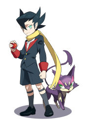 Rule 34 | 1boy, aged down, black footwear, black jacket, black shorts, buttons, clenched hand, closed mouth, commentary request, creatures (company), game freak, gen 5 pokemon, green eyes, grey legwear, grimsley (pokemon), hair between eyes, holding, holding poke ball, jacket, long scarf, long sleeves, male focus, momoji (lobolobo2010), nintendo, poke ball, pokemon, pokemon (creature), pokemon bw, purrloin, scarf, shirt, shoes, shorts, smile, socks, standing, white shirt, yellow scarf