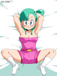 Rule 34 | 1girl, alternate hairstyle, amedama akihito, aqua hair, armpits, arms behind head, arms up, bare arms, bare legs, bed, belt, blue eyes, blush, breasts, bulma, cleavage, closed mouth, dragon ball, dragon ball (classic), earrings, feet, female focus, from above, full body, groin, hair bobbles, hair ornament, jewelry, legs, long hair, looking at viewer, lying, medium breasts, old school academy, on back, on bed, pink shirt, pink shorts, shirt, shorts, side ponytail, smile, socks, solo, spread legs, strapless, thighs, tube top