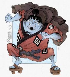 Rule 34 | 1boy, black hair, blue skin, cape, chest tattoo, colored skin, commentary, copyright name, english commentary, facial hair, fish boy, geta, goatee, half updo, highres, hood, hooded cape, iago fn, japanese clothes, jinbe (one piece), kimono, looking at viewer, male focus, one piece, sash, solo, tattoo, thick eyebrows, webbed hands