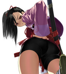 Rule 34 | 1girl, ass, bike shorts, black hair, from below, looking back, nakabayashi reimei, ponytail, red eyes, samurai spirits, sheath, snk, solo, weapon, yoshino rinka