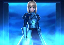 Rule 34 | 1girl, ahoge, armor, armored dress, artoria pendragon (fate), blonde hair, blue theme, dress, fate/stay night, fate (series), faulds, gauntlets, green eyes, invisible air (fate), kotera ryou, saber (fate), solo