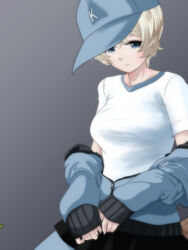 Rule 34 | 1girl, baseball cap, black skirt, blue eyes, blue hat, blue jacket, blue pants, closed mouth, clothes pull, commentary, frown, girls und panzer, grey background, gym shirt, hat, highres, jacket, jacket pull, keizoku military uniform, long sleeves, looking at viewer, miniskirt, pants, pants under skirt, partially unzipped, shirt, short hair, short sleeves, sitting, skirt, solo, t-shirt, white hair, youko (girls und panzer), yoyokkun