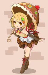 Rule 34 | 1girl, blonde hair, boots, bridal veil, brown footwear, brown skirt, commentary request, food, fruit, full body, hair ornament, highres, holding, holding umbrella, inon, leaning forward, looking at viewer, open mouth, original, plaid, plaid skirt, pleated skirt, skirt, sleeveless, solo, standing, strawberry, umbrella, veil, yellow eyes