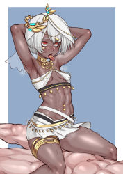 Rule 34 | absurdres, arms up, belly dancer, blue background, border, breasts, circlet, collar, covered erect nipples, cowgirl position, dark-skinned female, dark skin, ebonyxh, hetero, highres, interracial, jewelry, muscular, muscular male, navel piercing, necklace, piercing, punishing: gray raven, red eyes, sex, short hair, small breasts, sophia (punishing: gray raven), straddling, thighlet, tongue, tongue out, tongue piercing, white border, white hair