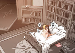 Rule 34 | 1boy, 1girl, aether (genshin impact), amber (genshin impact), bed, bed sheet, bedroom, blonde hair, book, book stack, bookshelf, brown hair, completely nude, genshin impact, happy sex, heart, hetero, highres, hug, indoors, nude, pillow, royboy, sex, sitting, sitting on lap, sitting on person, stool