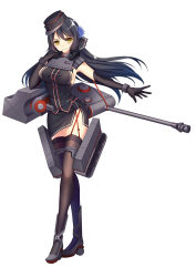 Rule 34 | 1girl, armlet, bison cangshu, black dress, black hair, black thighhighs, cannon, caterpillar tracks, dress, elbow gloves, full body, garter straps, gloves, hair ribbon, hat, highres, ida brooke, long hair, mecha musume, military hat, mini hat, official art, panther ausf a (panzer waltz), panzer ausf a (panzer waltz), panzer waltz, ribbon, simple background, solo, tachi-e, tank turret, thighhighs, white background, yellow eyes