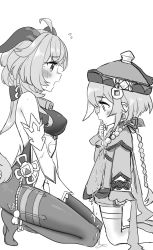 Rule 34 | 2girls, ahoge, bare shoulders, bead necklace, beads, bell, blush, braid, braided ponytail, breasts, cowbell, drooling, finger to mouth, from side, ganyu (genshin impact), genshin impact, greyscale, highres, horns, jewelry, jiangshi, kneeling, long sleeves, looking at viewer, medium breasts, monochrome, multiple girls, neck bell, necklace, open mouth, pantyhose, qiqi (genshin impact), saliva, simple background, thighhighs, what a, white background