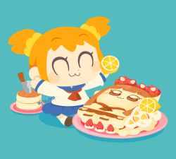 Rule 34 | 1girl, :3, ^ ^, aqua background, arms up, artist name, blue sailor collar, blue skirt, blush, blush stickers, brown footwear, character food, closed eyes, closed mouth, commentary request, cream, food, fruit, hair ornament, hair scrunchie, holding, holding food, holding fruit, kitchen knife, knife, lemon, long sleeves, neckerchief, orange hair, pancake, pipimi, plate, poptepipic, popuko, red neckerchief, rizu (rizunm), sailor collar, school uniform, scrunchie, serafuku, shirt, shoes, short hair, short twintails, sidelocks, simple background, sitting, skirt, smile, socks, solo, strawberry, twintails, twitter username, white shirt, white socks, yellow scrunchie