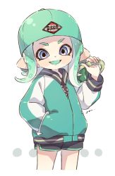 Rule 34 | 1girl, artist name, backwards hat, baseball cap, black shorts, blue eyes, colored tongue, commentary request, cowboy shot, dolphin shorts, fangs, green hat, green jacket, green tongue, gren hat, hand in pocket, hat, holding, holding weapon, inkling player character, jacket, letterman jacket, log, looking at viewer, mask, medium hair, nintendo, octoling, octoling girl, octoling player character, open mouth, pointy ears, sen squid, short shorts, shorts, signature, smile, solo, splatoon (series), splatoon 2, standing, tentacle hair, tri-slosher (splatoon), v-shaped eyebrows, weapon, white background