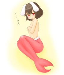 Rule 34 | 1girl, :&lt;, aki081, animal ears, black hair, blush, brown hair, completely nude, covering privates, covering breasts, female focus, flat chest, inaba tewi, knees up, mermaid, monster girl, nude, rabbit ears, red eyes, short hair, sitting, solo, touhou, translated, yellow background