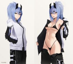 Rule 34 | 1girl, absurdres, bikini, black bikini, blue hair, breasts, clothes pull, fingerless gloves, gloves, hair between eyes, hair ornament, hairclip, hands in pockets, high ponytail, highres, jacket, long hair, looking at viewer, medium breasts, multiple views, navel, open clothes, open jacket, original, pants, pants pull, saki (the atko), solo, standing, swimsuit, the atko, tongue, tongue out, white background, yellow eyes
