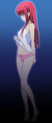 Rule 34 | 1girl, absurdres, arm behind back, artist request, bare shoulders, barefoot, blue eyes, clothes lift, da capo, eyebrows, female focus, from side, full body, hair ornament, highres, long hair, looking down, navel, panties, pink panties, red hair, shirakawa kotori, shirt, shirt lift, solo, underwear, white shirt