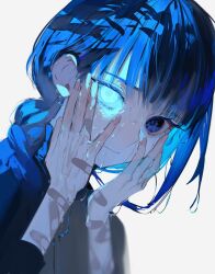 Rule 34 | 1girl, bandaid, bandaid on arm, bandaid on hand, blue eyes, blue hair, braid, closed mouth, expressions, glowing, glowing eye, hands on own face, heterochromia, highres, looking at viewer, mizumi zumi, original, portrait, side braid, simple background, solo, wet, white background