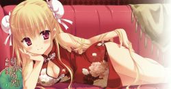 Rule 34 | 1girl, absurdres, blonde hair, blush, breasts, china dress, chinese clothes, cleavage, cleavage cutout, clothing cutout, copyright name, couch, double bun, dress, hidan no aria, highres, kobuichi, legs, looking at viewer, lying, mine riko, on side, pillow, pink eyes, smile