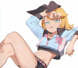 Rule 34 | 1girl, black bow, black shorts, blonde hair, blue jacket, bow, crop top, crossed legs, feet out of frame, hair bow, hair ornament, hairclip, hand on forehead, hand up, highres, jacket, kagamine rin, knees up, looking at viewer, lying, midriff, navel, on back, short hair, short shorts, shorts, solo, swept bangs, tongue, tongue out, v-shaped eyebrows, vocaloid, yamada ichi