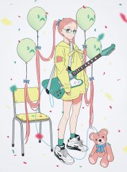 Rule 34 | 1girl, absurdly long hair, acubi tomaranai, balloon, blue eyes, blue footwear, chair, confetti, full body, glasses, grey background, guitar, hair ornament, hairclip, high tops, highres, instrument, long hair, looking at viewer, nike (company), original, pink hair, semi-rimless eyewear, shirt, shoes, simple background, sneakers, socks, solo, standing, stuffed animal, stuffed toy, teddy bear, very long hair, white footwear, yellow shirt