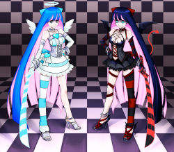 Rule 34 | 10s, 2girls, angel, ankle wings, antaria, aqua eyes, asymmetrical clothes, bow, breasts, bridal gauntlets, choker, cleavage, colored inner hair, corset, dark persona, demon girl, dual persona, hair bow, halo, hand on own hip, high heels, katana, long hair, medium breasts, multicolored hair, multiple girls, panty &amp; stocking with garterbelt, shoes, single thighhigh, smile, spoilers, stocking (psg), striped legwear, stripes i &amp; ii, sword, symmetrical pose, tail, thigh strap, thighhighs, two-tone hair, weapon, wings
