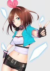 Rule 34 | 1girl, absurdres, alternate costume, aqua eyes, aqua jacket, arm at side, asymmetrical clothes, belt, black belt, black gloves, black shorts, bob cut, breasts, brown hair, cleavage, closed mouth, commentary request, cowboy shot, crop top, dutch angle, eyes visible through hair, fingerless gloves, gloves, hairband, hand up, headphones, headphones around neck, highres, hood, hood down, hooded jacket, index finger raised, jacket, kizuna ai, kizuna ai (a.i. games), kizuna ai inc., lace, lace-trimmed shirt, lace trim, light smile, lips, looking at viewer, loose belt, multicolored hair, navel, official alternate costume, open clothes, open jacket, pink hair, pink hairband, shinyoujurin, shirt, short hair, short sleeves, shorts, small breasts, stomach, strapless, streaked hair, swept bangs, thigh gap, tube top, two-tone hair, virtual youtuber, white shirt
